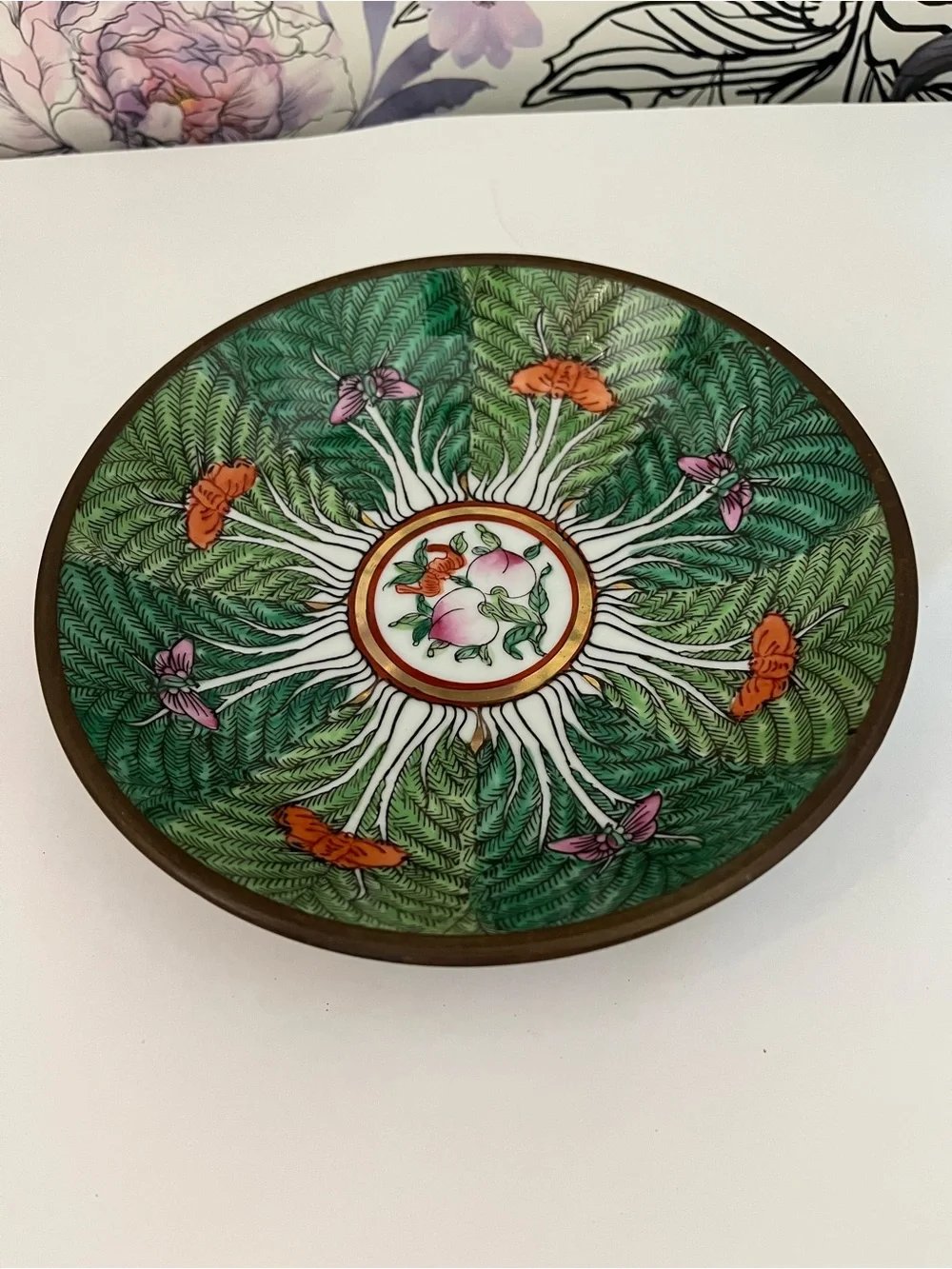 Horchow Collection Japanese Porcelin Emerald Green Cabbage Butterfly Rose bowl